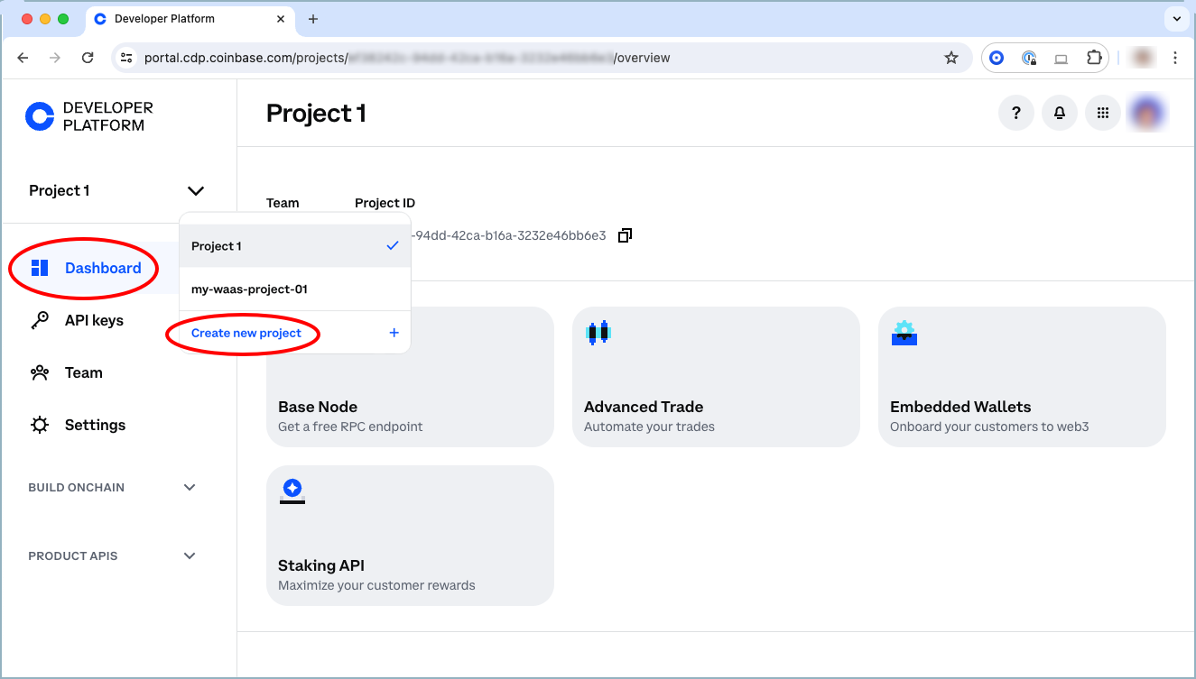 Project creation via Dashboard tab.