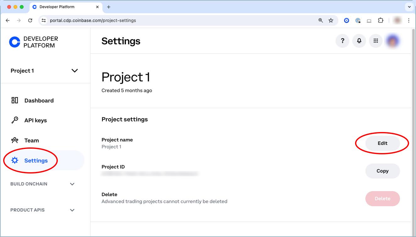 To rename a project, select the project and click Manage.