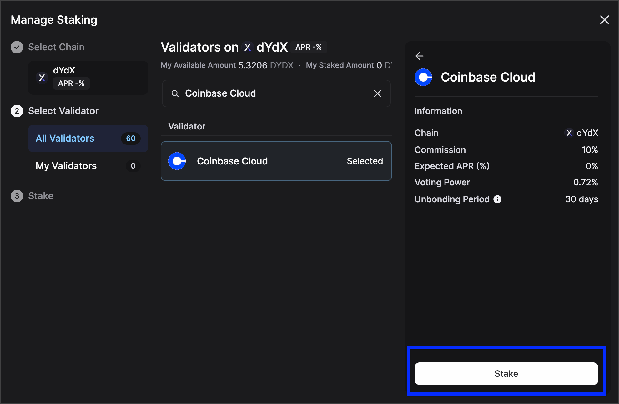 When you select the Coinbase validator, the delegation details display on the right and the Stake button displays underneath.